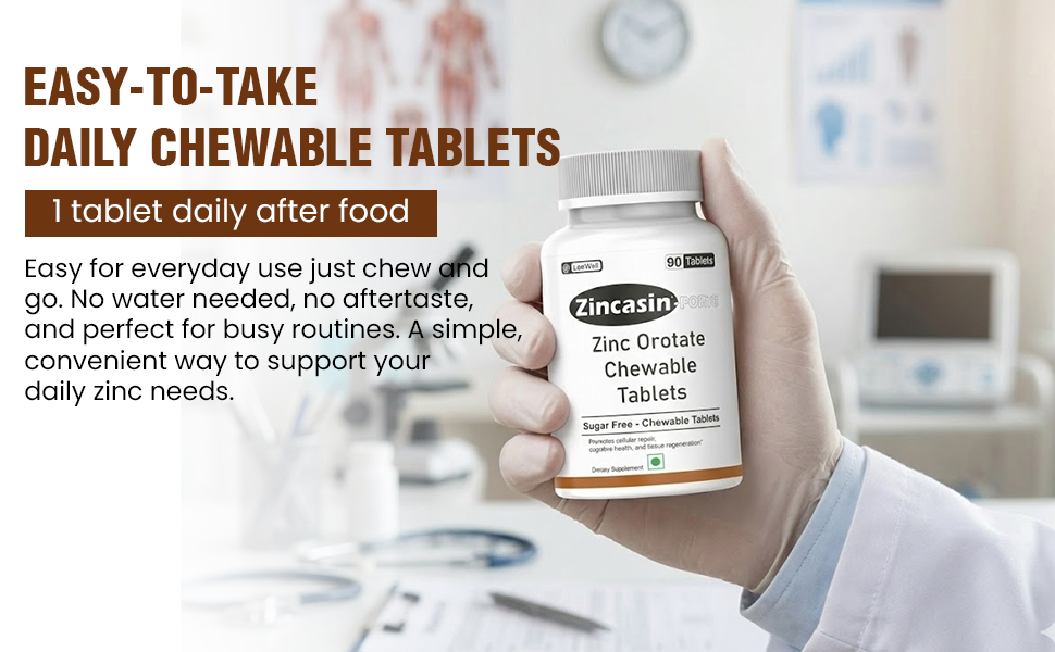Zincasin Forte (LeeWell) Zinc Orotate Chewable Candy | Zinc Supplement for Immune Support, Skin Health, Hair & Nail Maintenance, Antioxidant, Cellular Repair & Metabolism Support | Daily Zinc Mineral Nutrition - 90 tablets