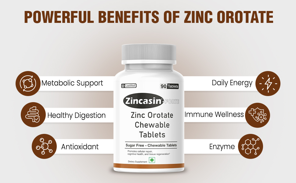 Zincasin Forte (LeeWell) Zinc Orotate Chewable Candy | Zinc Supplement for Immune Support, Skin Health, Hair & Nail Maintenance, Antioxidant, Cellular Repair & Metabolism Support | Daily Zinc Mineral Nutrition - 90 tablets