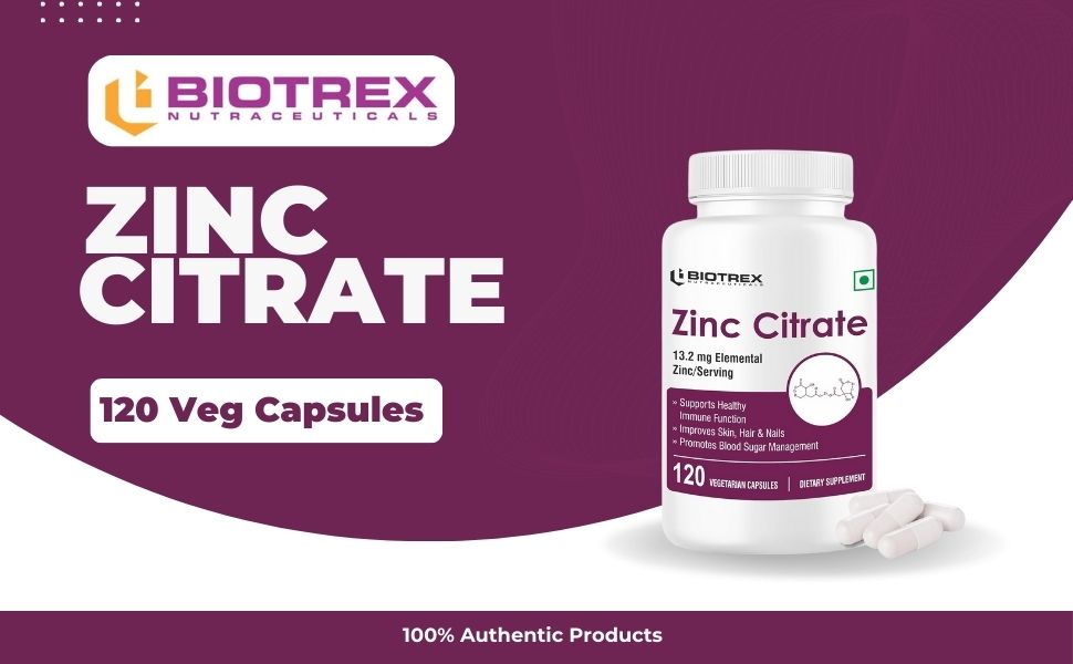 Biotrex Nutraceuticals Zinc Citrate Supplement | Immunity & Growth | Better Immune System & Overall Healing | Well Absorbed Zinc | 120 Veg Capsules
