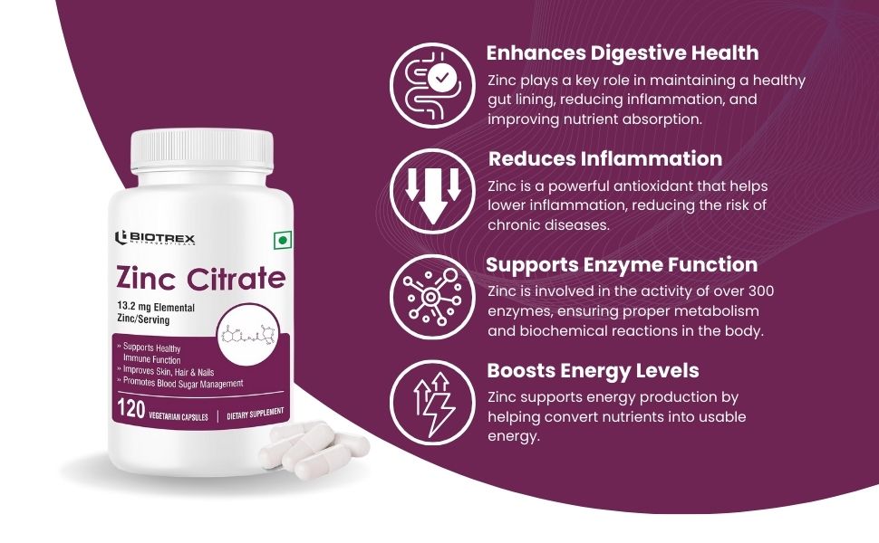 Biotrex Nutraceuticals Zinc Citrate Supplement | Immunity & Growth | Better Immune System & Overall Healing | Well Absorbed Zinc | 120 Veg Capsules