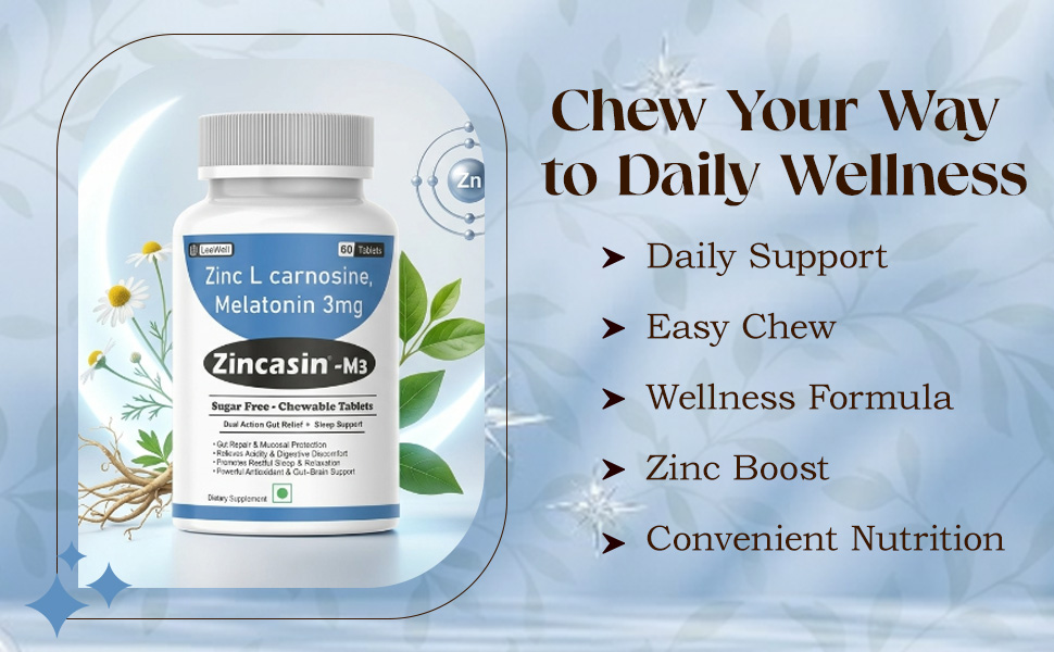 Zincasin -M3 (LeeWell) Chewable Zinc Carnosine, Melatonin 3mg | Support Night time gastrointestinal (GI) health, gut barrier integrity, restorative sleep, Leaky Gut Health, Gastric Ulcer Support - 60 Tablets