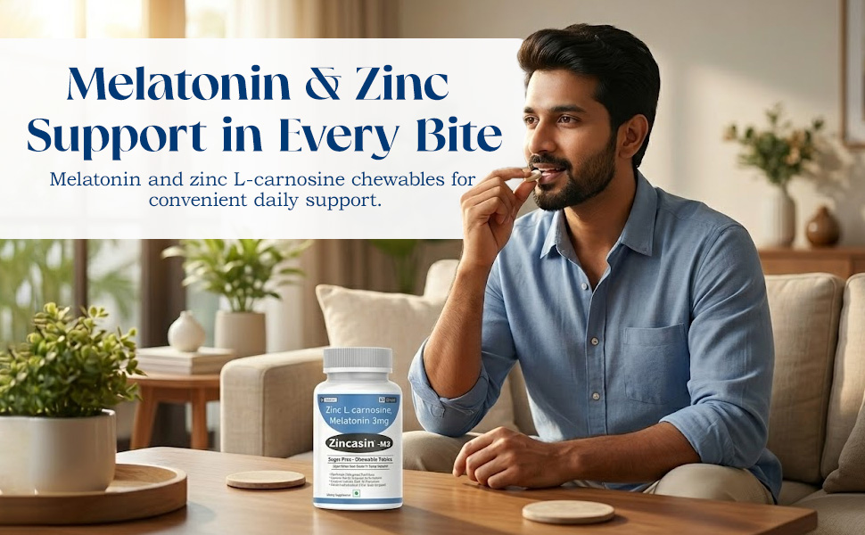Zincasin -M3 (LeeWell) Chewable Zinc Carnosine, Melatonin 3mg | Support Night time gastrointestinal (GI) health, gut barrier integrity, restorative sleep, Leaky Gut Health, Gastric Ulcer Support - 60 Tablets