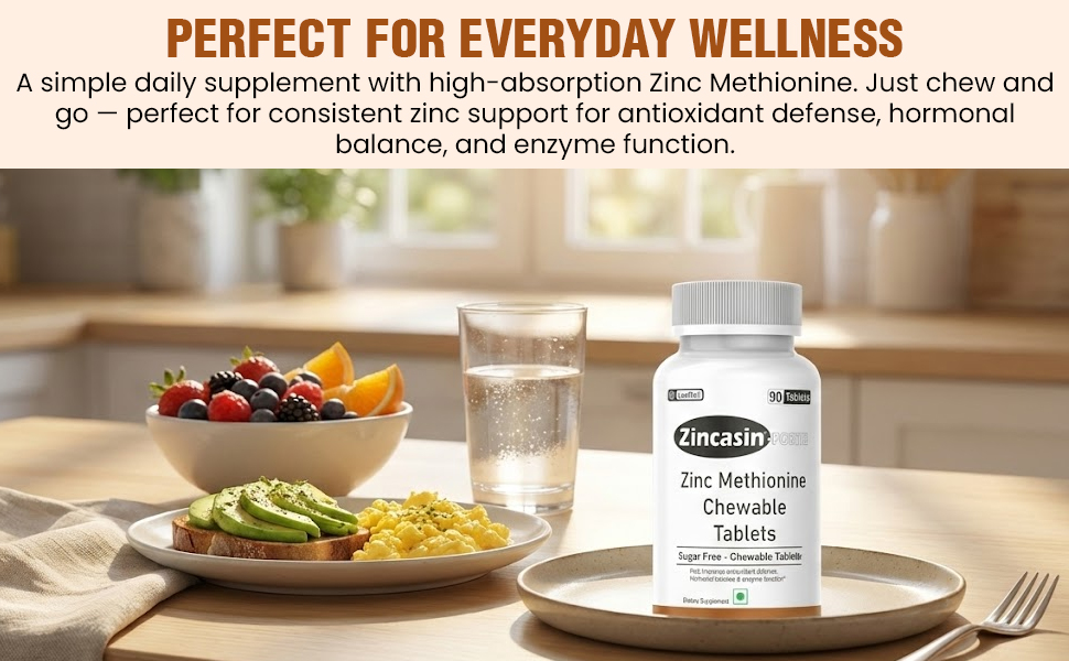 Zincasin Forte (LeeWell) Zinc Methionine Chewable Candy Tablets | High Strength Zinc Supplements for Immune Support, Hormonal Balance, Skin & Overall Wellness | Easy-to-Chew Zinc Supplement for Men & Women -90 Tablets