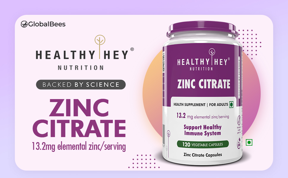 HealthyHey Nutrition Zinc Citrate, Supports Immune and Immunity - 120 Veg Capsules - Pack of 4