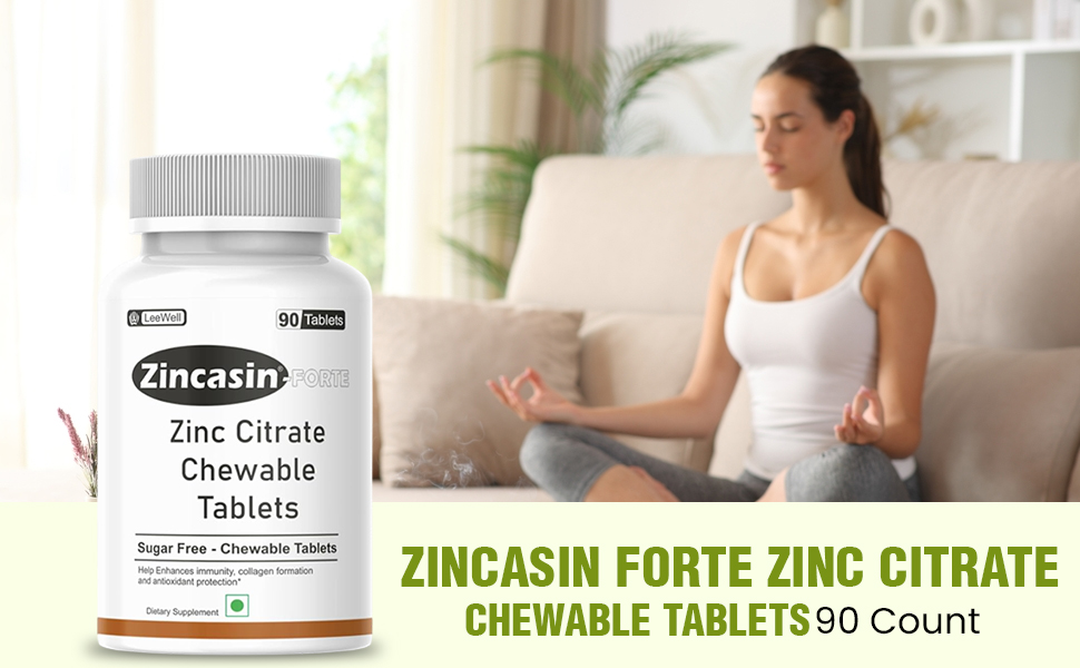 Zincasin Forte (LeeWell) Zinc Citrate Chewable Candy | Zinc Supplement for Immune Support, Skin Health, Hair & Nail Maintenance, Antioxidant & Normal Metabolism Support | Daily Zinc Supplements - 90 Count