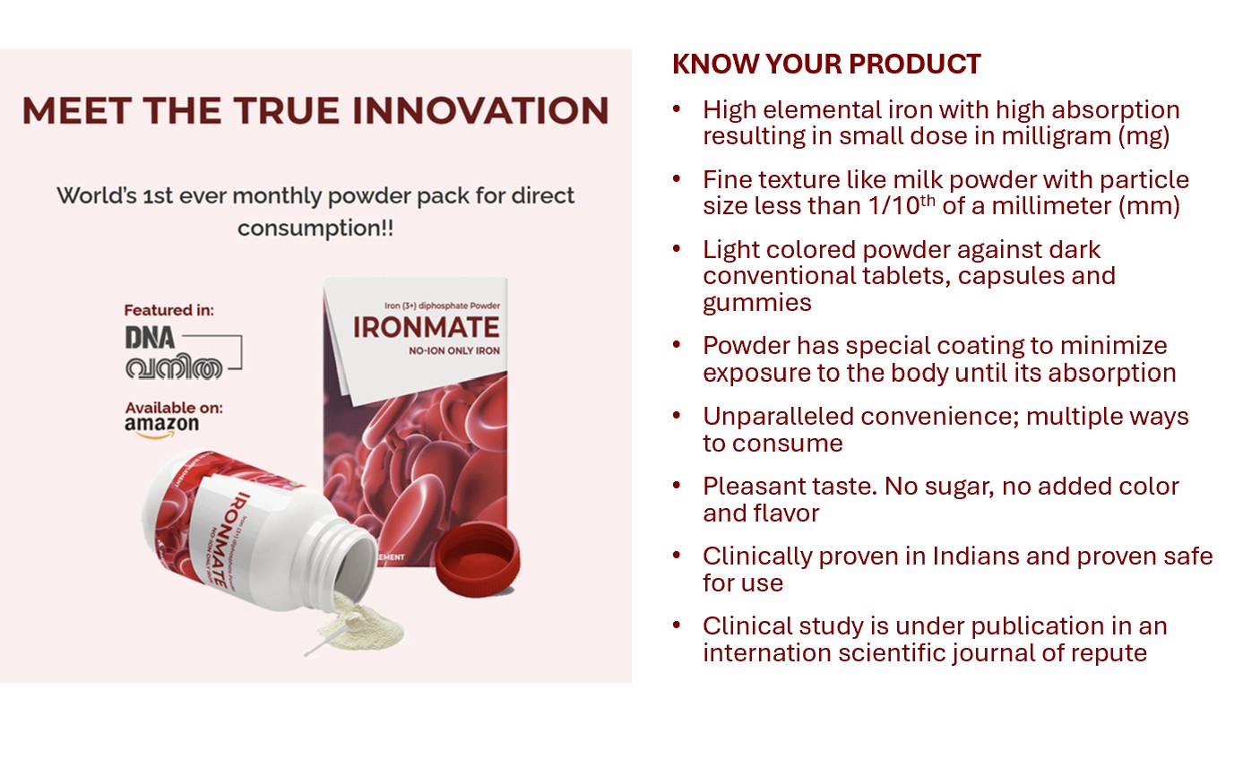 Powder High Stamina Iron Supplement for Workout & Athletics | Consume Directly or Blend with Food / Drink / Workout Formula I Patent-Filed Clinically Proven I Small Dose I Max Absorption | 2 Months' Pack I First-of-its-Kind Waterless Formula