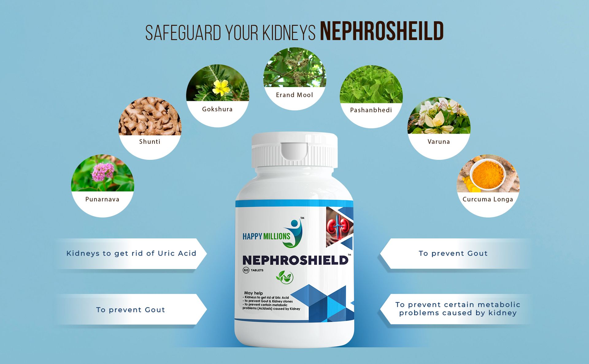 HappyMillions Nephroshield Kidney Detoxify Health Supplement 60 Tablets | May help with Stones, Gout, Uric Acid and Kidney Health