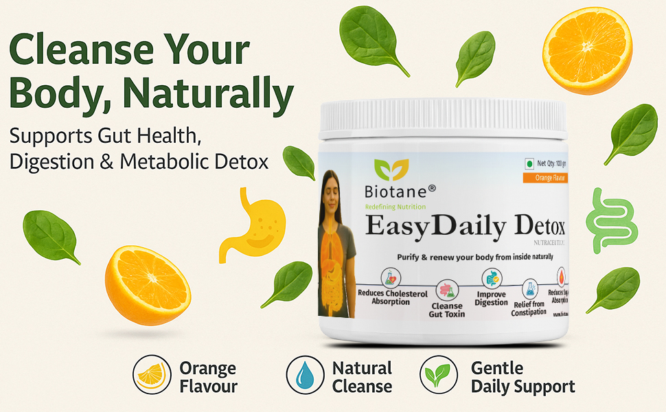 Biotane EasyDaily Detox I Natural Prebiotic Gut Cleansing Fiber blend | Made with 99% Pure Psyllium Husk & Wheat Fiber I Effective in single dose I100 gm Jar (Orange Flavour)