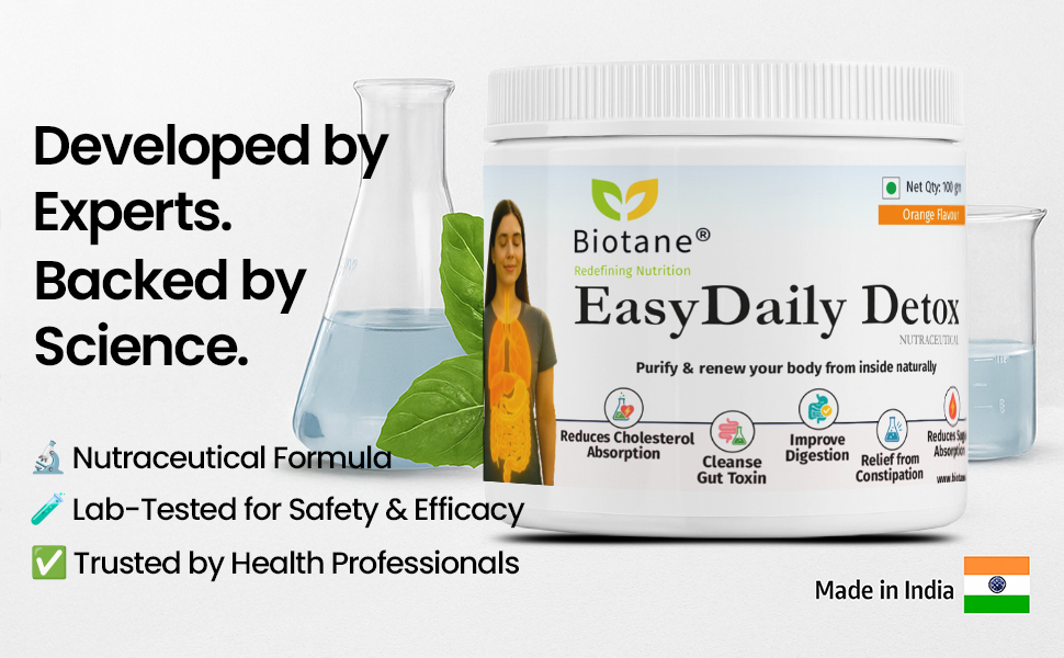 Biotane EasyDaily Detox I Natural Prebiotic Gut Cleansing Fiber blend | Made with 99% Pure Psyllium Husk & Wheat Fiber I Effective in single dose I100 gm Jar (Orange Flavour)