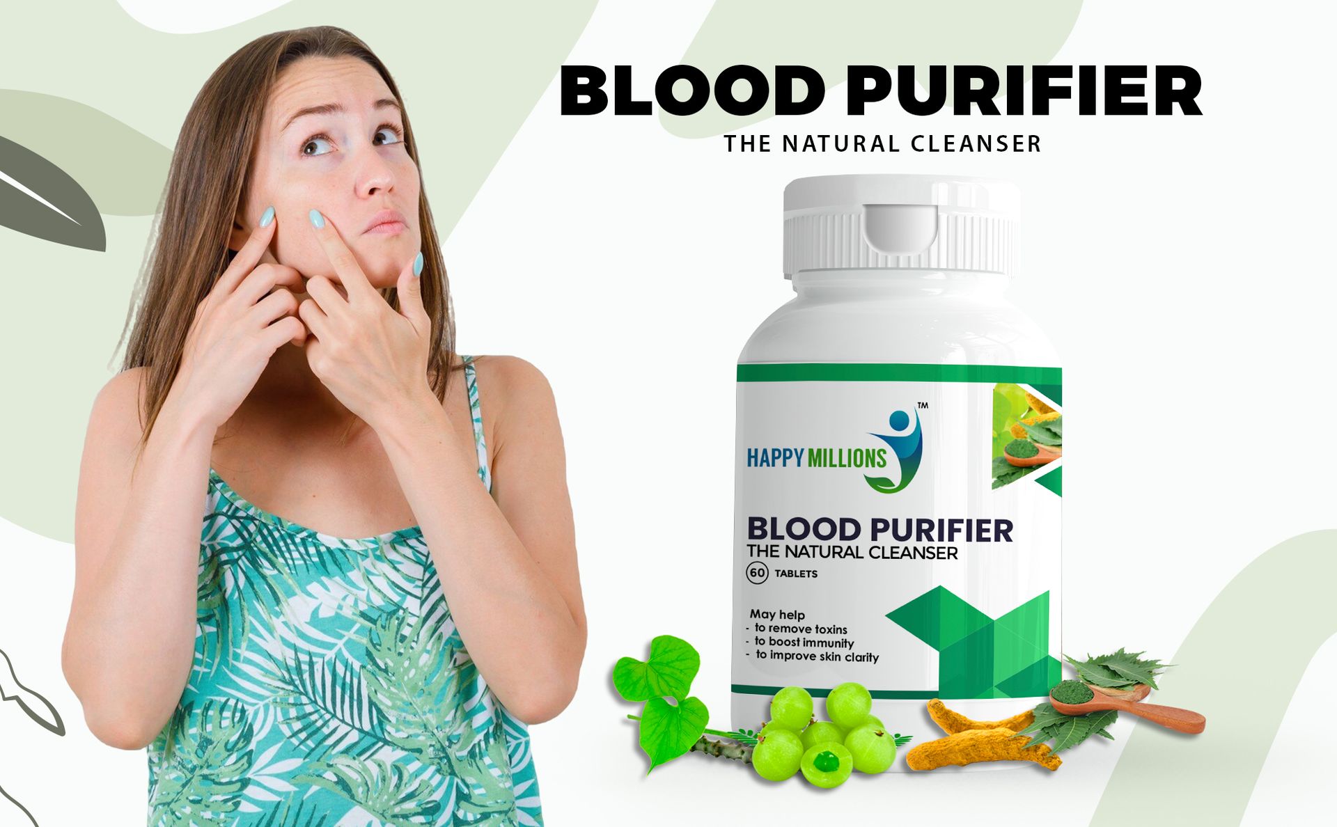 HappyMillions Blood Purifier Ayurvedic Detox for Clear Skin & Pimples Reduction Boosts Immunity with Neem, Giloy, Amla & Haldi Supports Liver Health 2 Tablets Daily For Healthcare Advised 60 Tablets