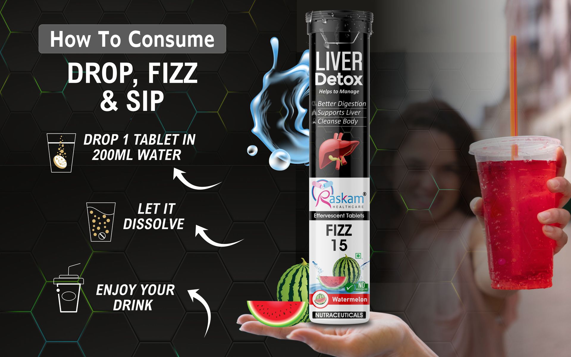 Liver Detox Effervescent – Plant-Based Detox with 9 Ayurvedic Herbs | Sugar-Free | Refreshing Watermelon Flavor | Drop, Fizz, Sip | Fizz 15 Tablets Pack of 1