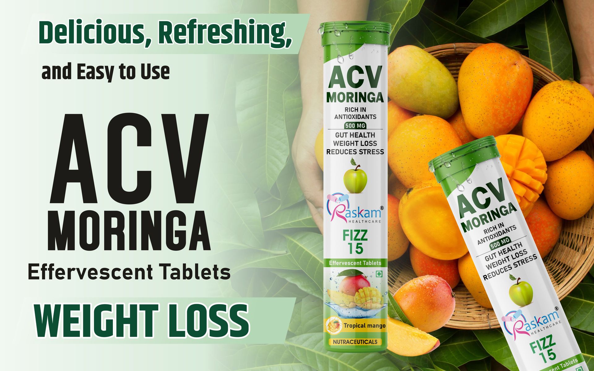 Apple Cider Vinegar (ACV) with Moringa Effervescent Tablets 500mg – Tropical Mango Flavor, No Added Sugar, Supports Appetite Control, Immunity & Natural Energy – 15 Fizz Tabs (Pack of 1)