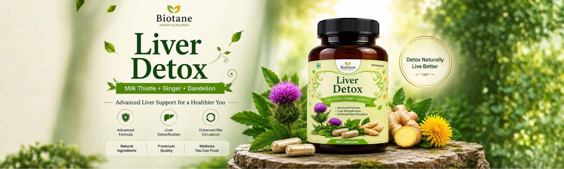 Biotane Liver Detox with Milk Thistle+Dandelion+Ginger, 60 Veg Capsules