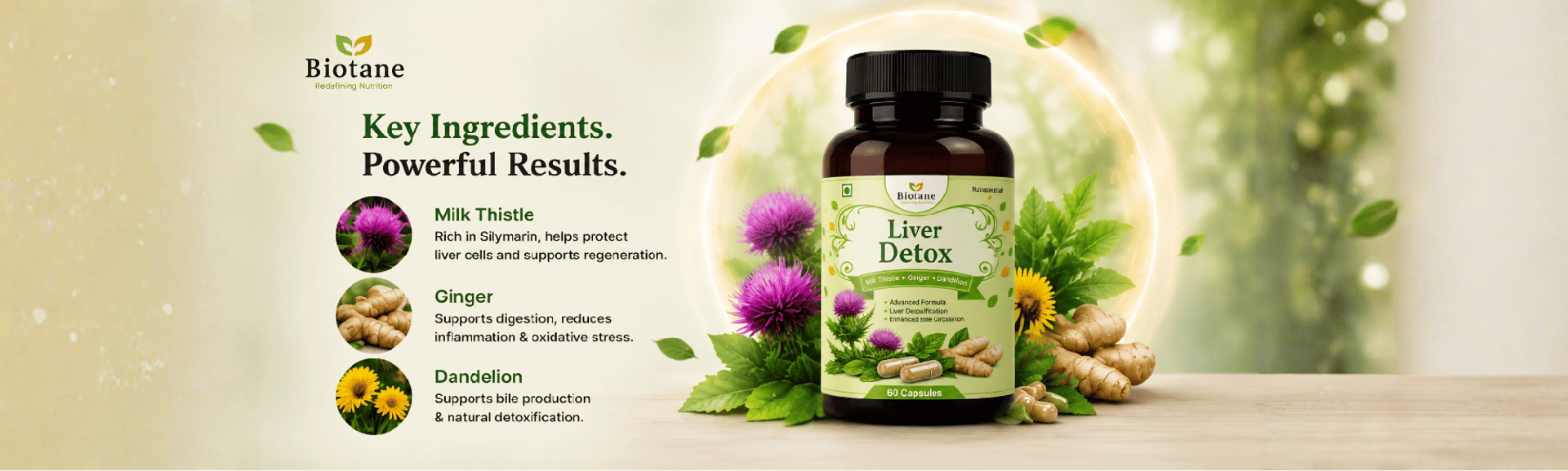 Biotane Liver Detox with Milk Thistle+Dandelion+Ginger, 60 Veg Capsules