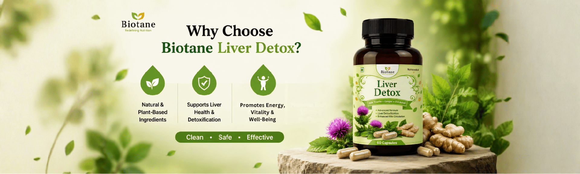 Biotane Liver Detox with Milk Thistle+Dandelion+Ginger, 60 Veg Capsules