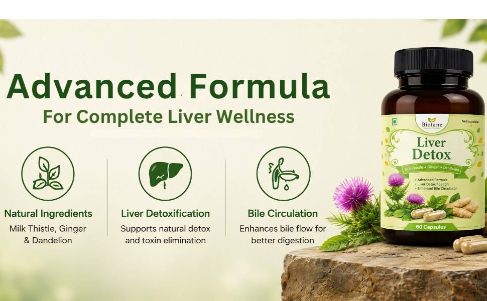 Biotane Liver Detox with Milk Thistle+Dandelion+Ginger, 60 Veg Capsules
