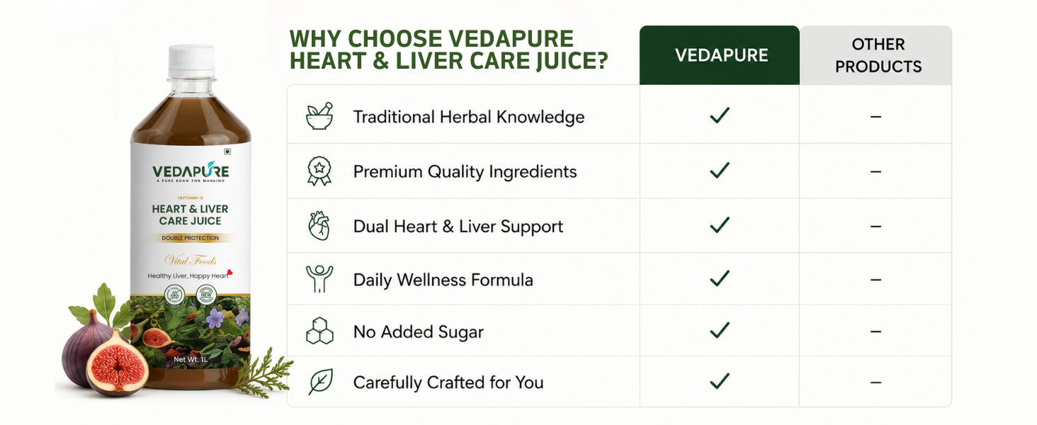 VEDAPURE Heart & Liver Care Juice 1000ml | Ayurvedic Liver Detox & Heart Health Juice | Herbal Liver Cleanse with Kasni, Revand Chini, Anjeer & Fennel | No Added Sugar | GMP Certified (Pack of 2)