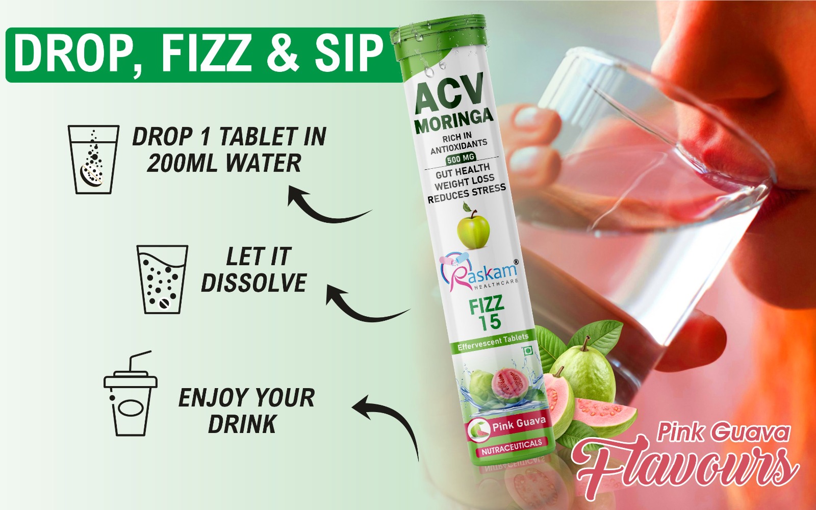 ACV Moringa Effervescent Drink Tablets 500mg – Pink Guava, Antioxidant Immunity Booster, No Sugar Added – 15 Fizz Tabs (Pack of 6)