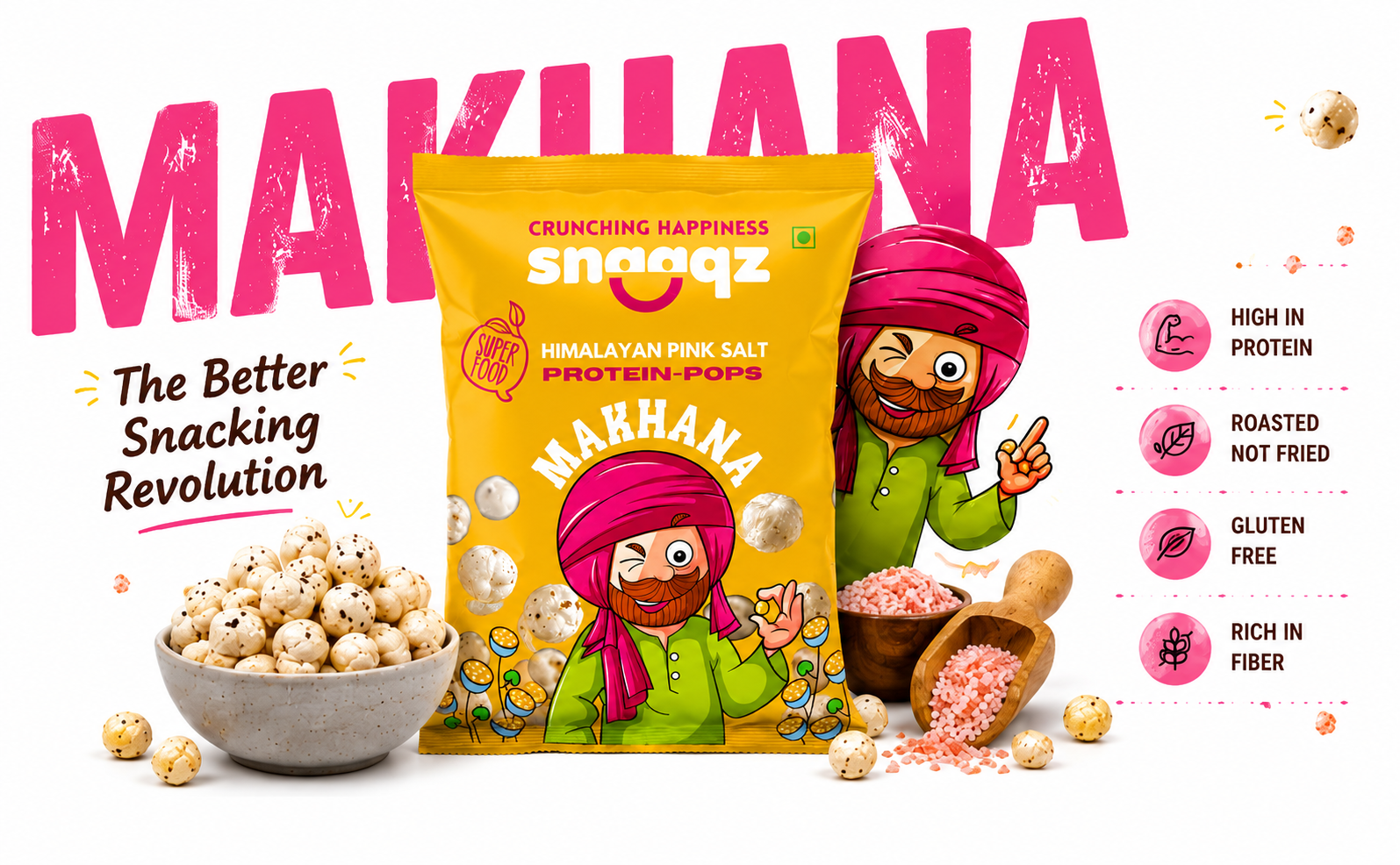 Snaaqz Himalayan Pink Salt Makhana | Guilt-Free, Low Calorie & High Protein | Perfect for Evening Hunger | Roasted Fox Nuts Pack Of 4(30gm Per Pack)