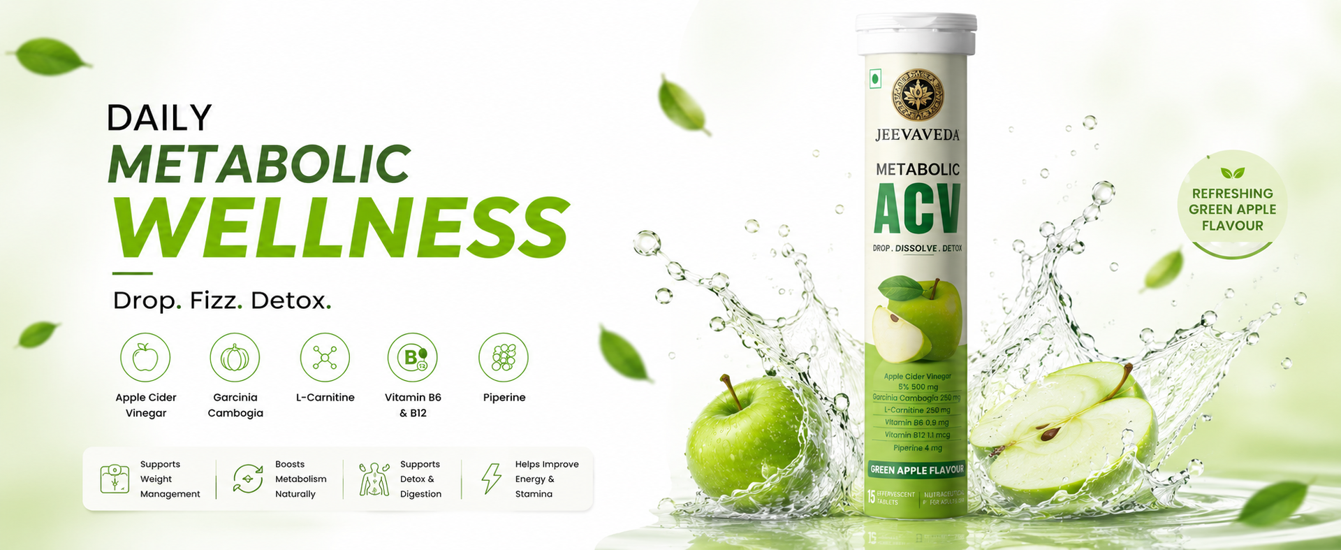 Apple Cider Vinegar Effervescent Tablets – Green Apple Flavour | With Natural Extracts, Essential Vitamins & Piperine | No Added Sugar, No Maltodextrin | Pack of 2 (15 Tablets Each)