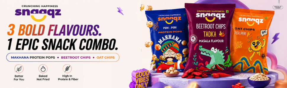 Snaaqz Healthy Snacks Combo (Beetroot Chips, Peri Peri Makhana & Oat Chips) + FREE Peanut Butter | High Protein, Gluten Free, No Palm Oil | Crunchy Diet Snacks Pack