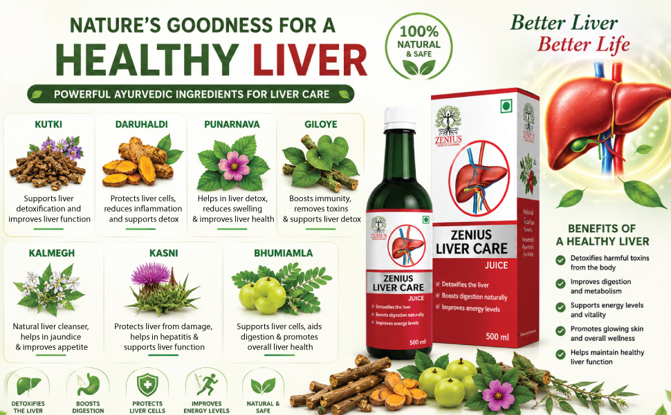 Zenius Liver Juice | Ayurvedic Cleanser and Detoxification | Supports Fatty Liver and Anti-oxidant Rich Supplement With 5 Ayurvedic Herbs 500ml