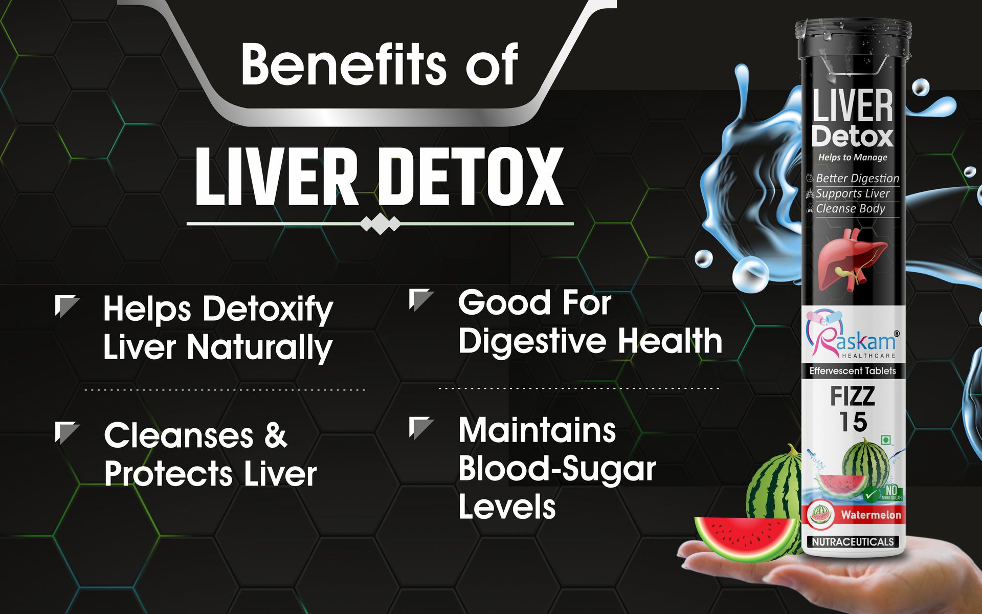 Liver Detox Effervescent – Plant-Based Detox with 9 Ayurvedic Herbs | Sugar-Free | Refreshing Watermelon Flavor | Drop, Fizz, Sip | Fizz 15 Tablets Pack of 6