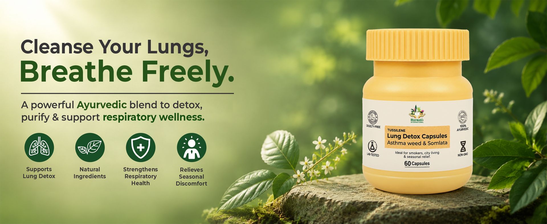 Dharmani's International Tussilene Lung Detox Capsules, 60 Capsules | 100% Ayurvedic, Respiratory Support Blend | Congestion Relief, Seasonal Comfort, Pollution Defense