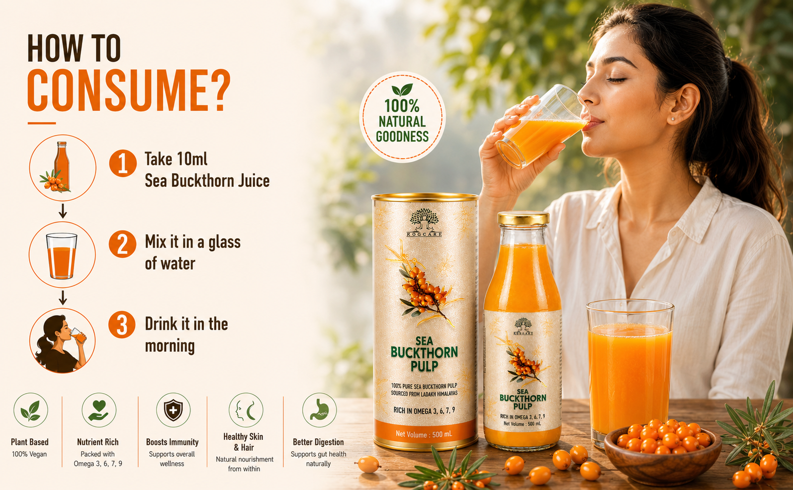 Rogcare Sea Buckthorn Juice 500ml Packed in a Glass Bottle | Cold-Pressed Sea Buckthorn Pulp Concentrate from Ladakh Himalayas (-40°C) Rich in Natural Vitamin C, Omega 3, 6, 7, 9 & Antioxidants | Skin Glow & Gut Health