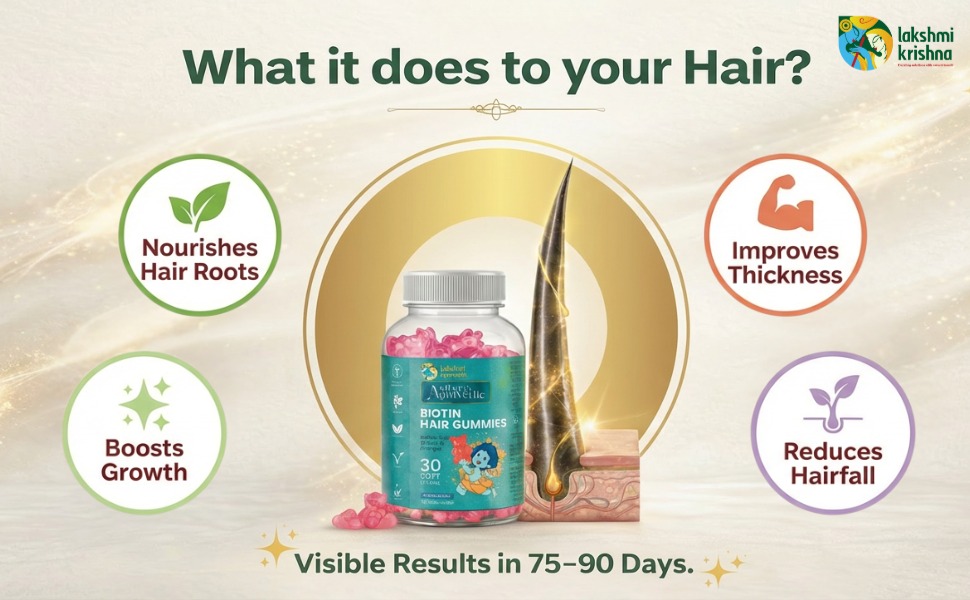 Lakshmi Krishna Naturals Biotin Hair Gummies | Supports Hair Growth & Hair Fall Control | With Zinc, Vitamins & Prebiotics | No Added Sugar | 30 Gummies