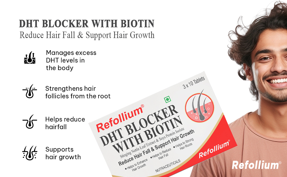 Refollium DHT Blocker with Biotin | Helps Reduce Hair Fall, Stimulates Hair Growth | Hair Vitamins for Men & Women (30 Tablets) (DHT BLOCKER)