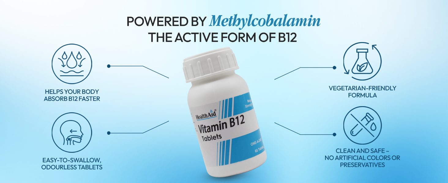 HealthAid Vitamin B12 Supplement | Supports Energy, Reduces Tiredness & Aids Blood Health | 60 Tablets for Men & Women (Pack of 2)