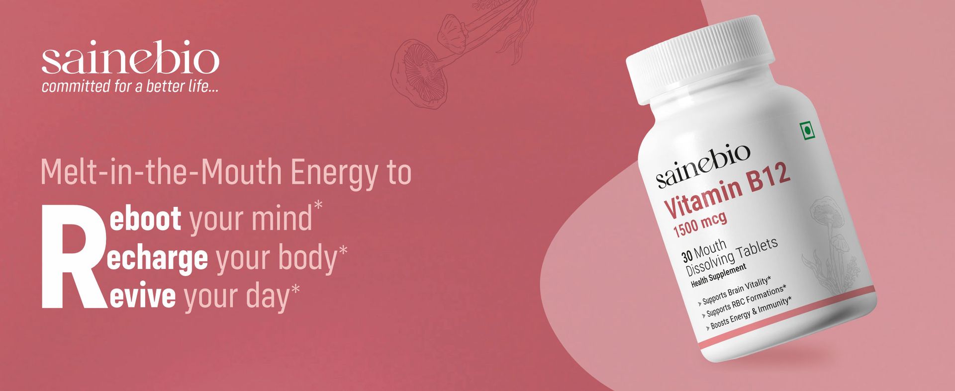 Sainebio Vitamin B12 with L-Methylfolate, Vitamin B6 & Vitamin D3 | Mouth Dissolving Tablets | Mango Flavour | 30 Tablets