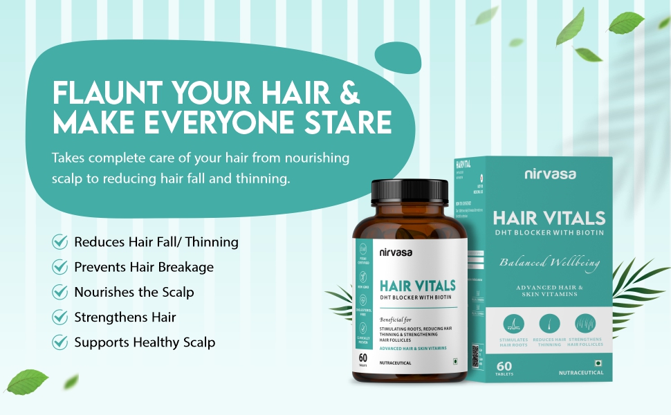 Nirvasa Hair Vitals DHT Blocker with Biotin (650mg) – 60 Tablets | Supports Hair Growth, Strength & Thickness | Reduces Hair Fall & Breakage | With Beta-Sitosterol | For Men & Women – Pack of 1