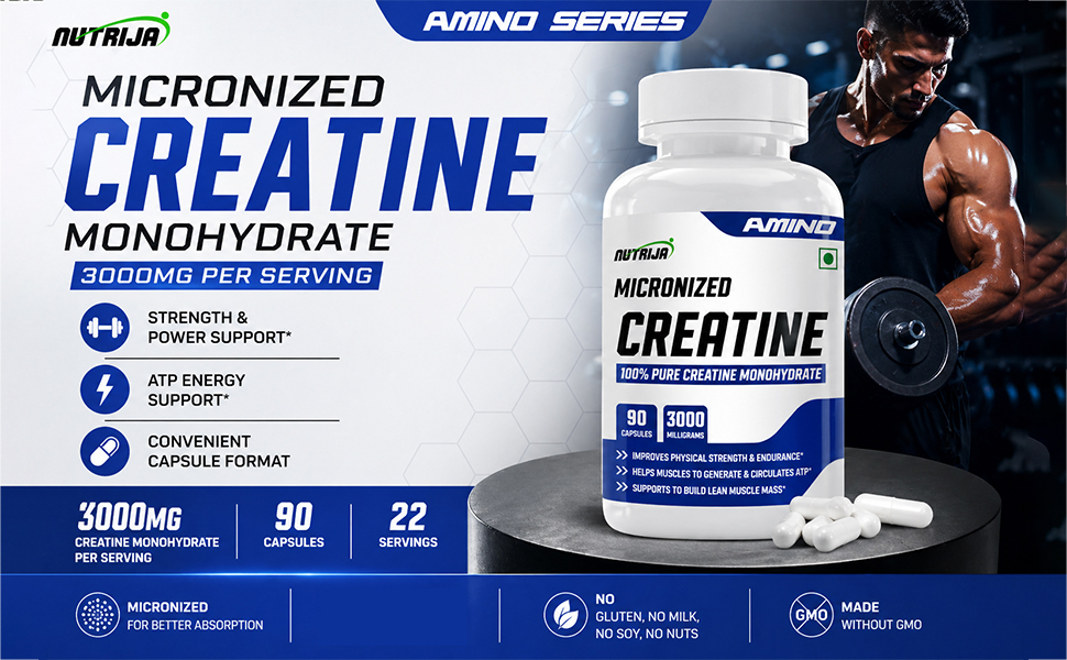 NutriJa Creatine Monohydrate 3000mg Capsules | Improves physical strength & endurance | Ideal Workout supplement | 180 Capsules
