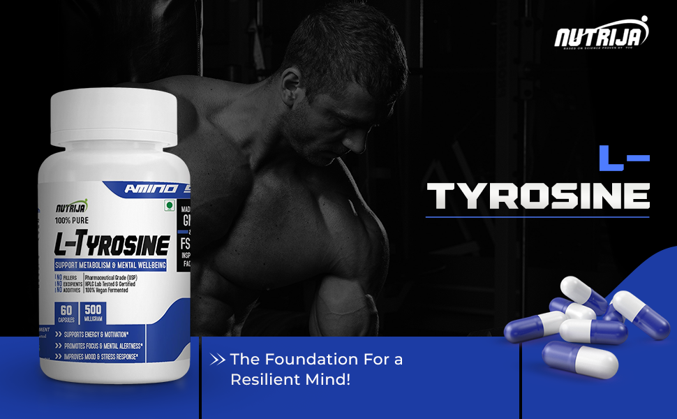 NutriJa L-Tyrosine 500mg Capsules | Free Form Amino Acid Supplement | For Focus, Mental Alertness & Active Lifestyle Routine | 60 Capsules
