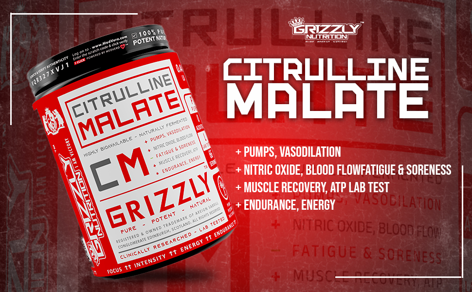 Grizzly Nutrition, Pure Citrulline Malate, no added flavor, color, True Athlete Professional Standard - Highly Bioavailable, Amino support, 200 grams 65 servings, Muscle vascularity