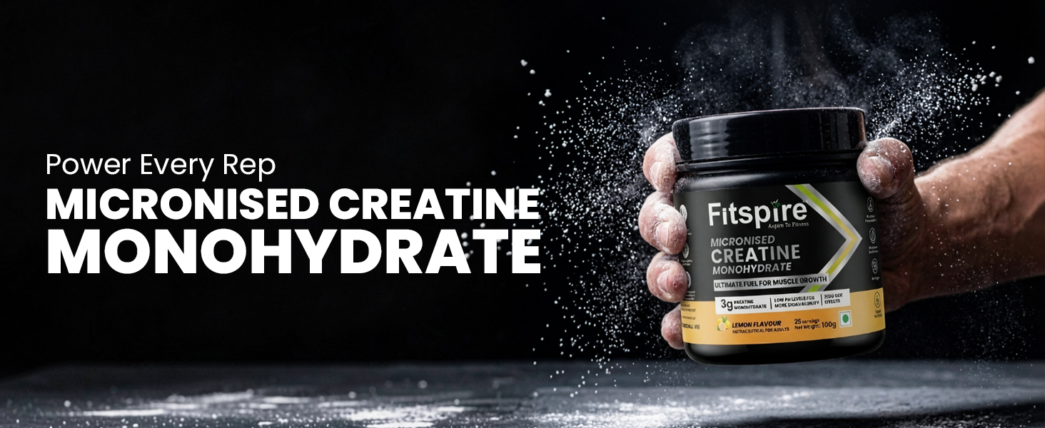 Fitspire Creatine Monohydrate Powder Lemon Flavour 100g (3g Per Scoop) | Fuel for Max Muscle Strength, Power & Growth | Improves ATP Production