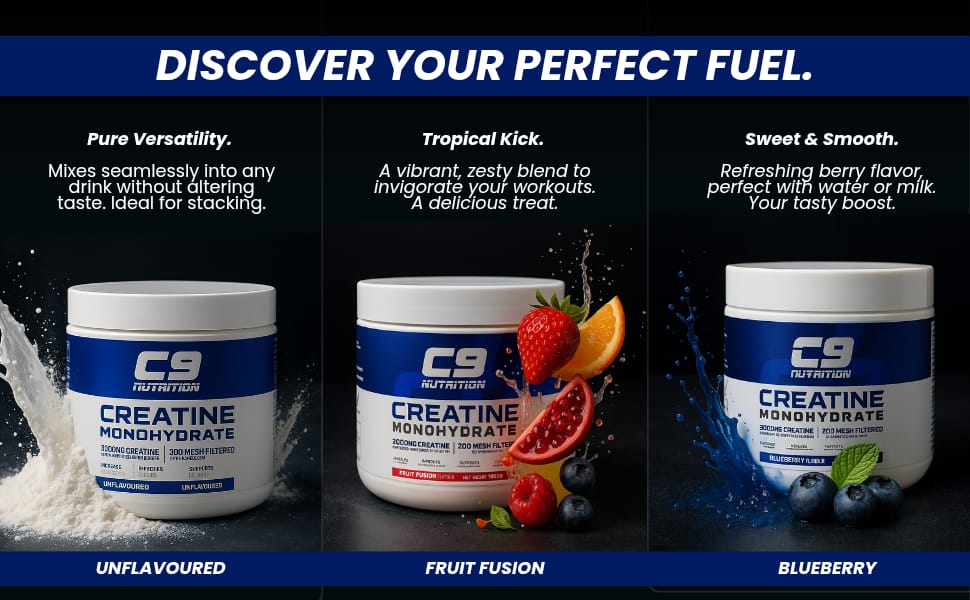 C9 Nutrition Micronized Creatine Monohydrate | 3000mg Ultra-Pure 200 Mesh Filtered Creatine Powder | Boost Strength, Power & Muscle Recovery | Zero Sugar | Blueberry Flavour | 100gm for Men & Women, 33 Servings (100gm, Blueberry)