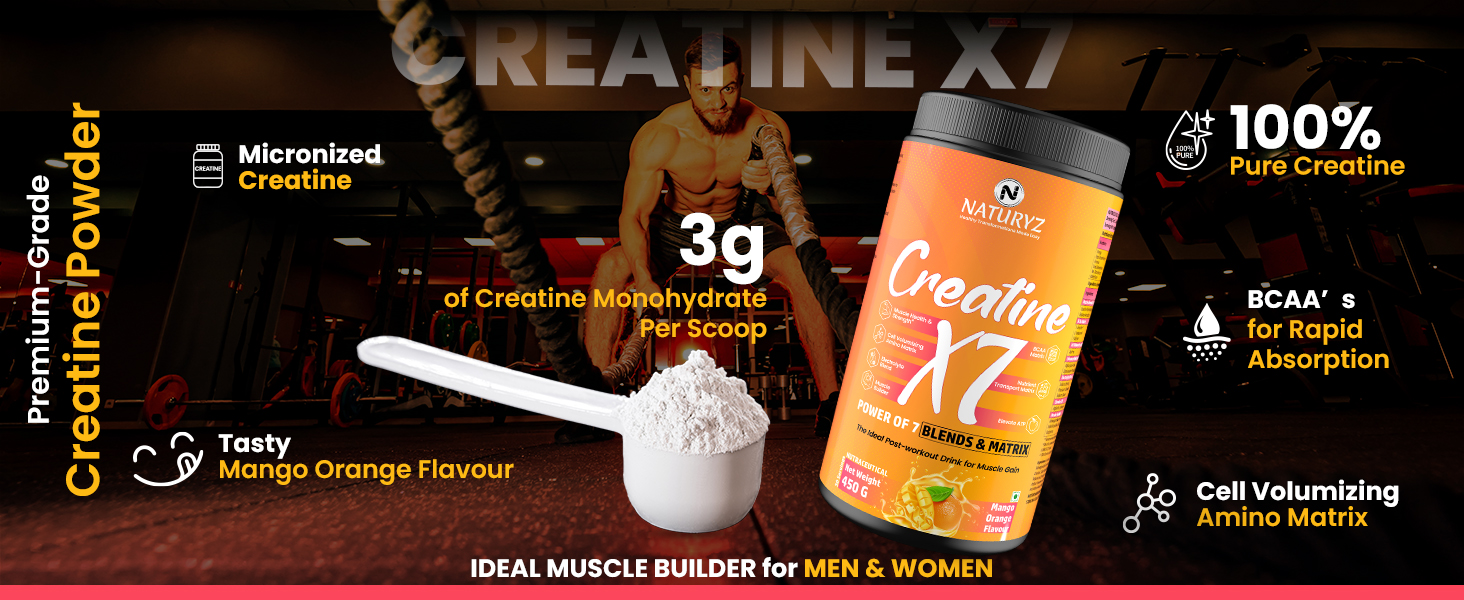 NATURYZ Creatine X7 Pure Micronized Creatine Monohydrate Post Workout drink | Rapid Absorption with Aminos | BCAA | ATP Transport Matrix | Muscle Growth & Strength | Power of 7 Blends | Muscle Builder- 450g(Mango Orange)