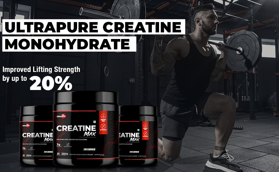 Neulife Creatine - MAX 100%, 250g - 81 servings | Pure Micronized Creatine Monohydrate Powder - Enhanced Absorption Boosters | Heavy Metal Free | Muscle Strength | Recovery & Performance - Unflavored