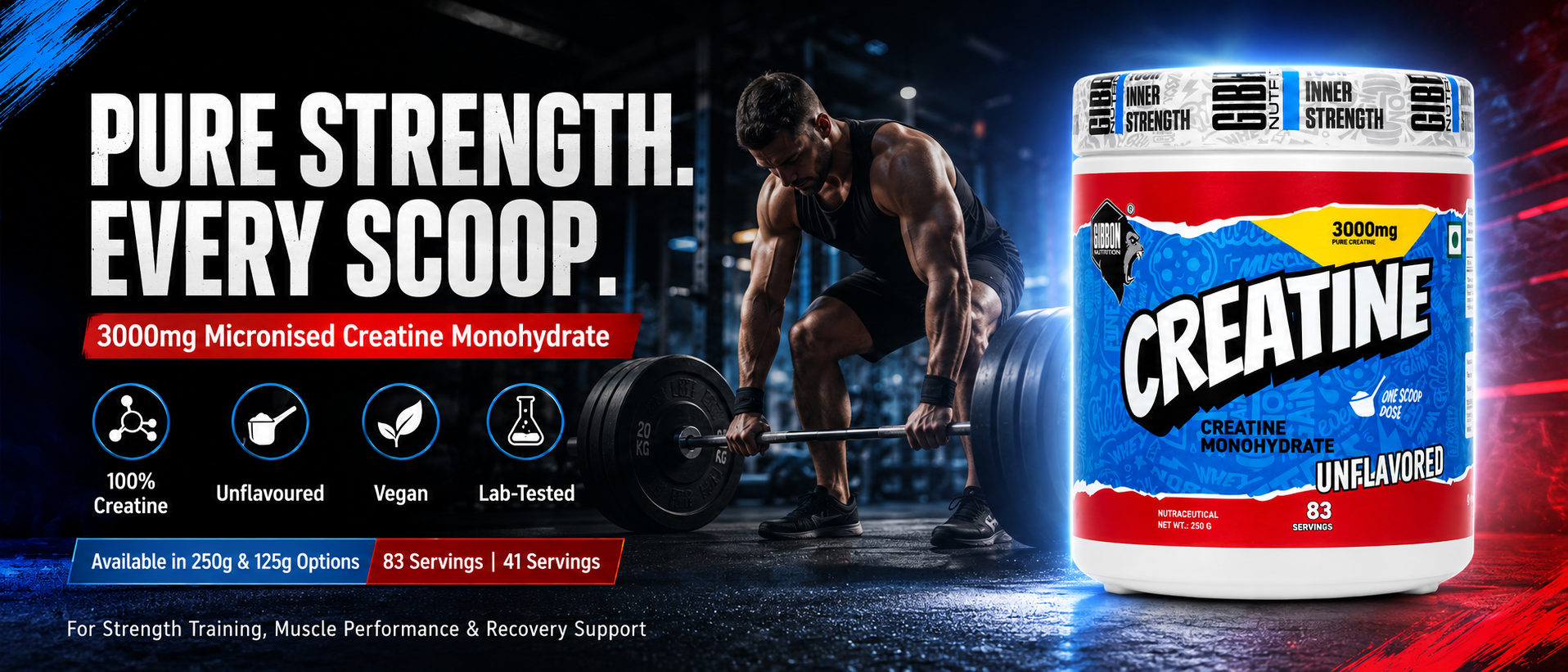 Gibbon Creatine Monohydrate Powder 250g | 3000mg Micronised Pure Creatine per Scoop | 83 Servings | Pre & Post Workout for Strength, Muscle Gain & Recovery | Unflavoured | Vegan, Lab-Tested, FSSAI