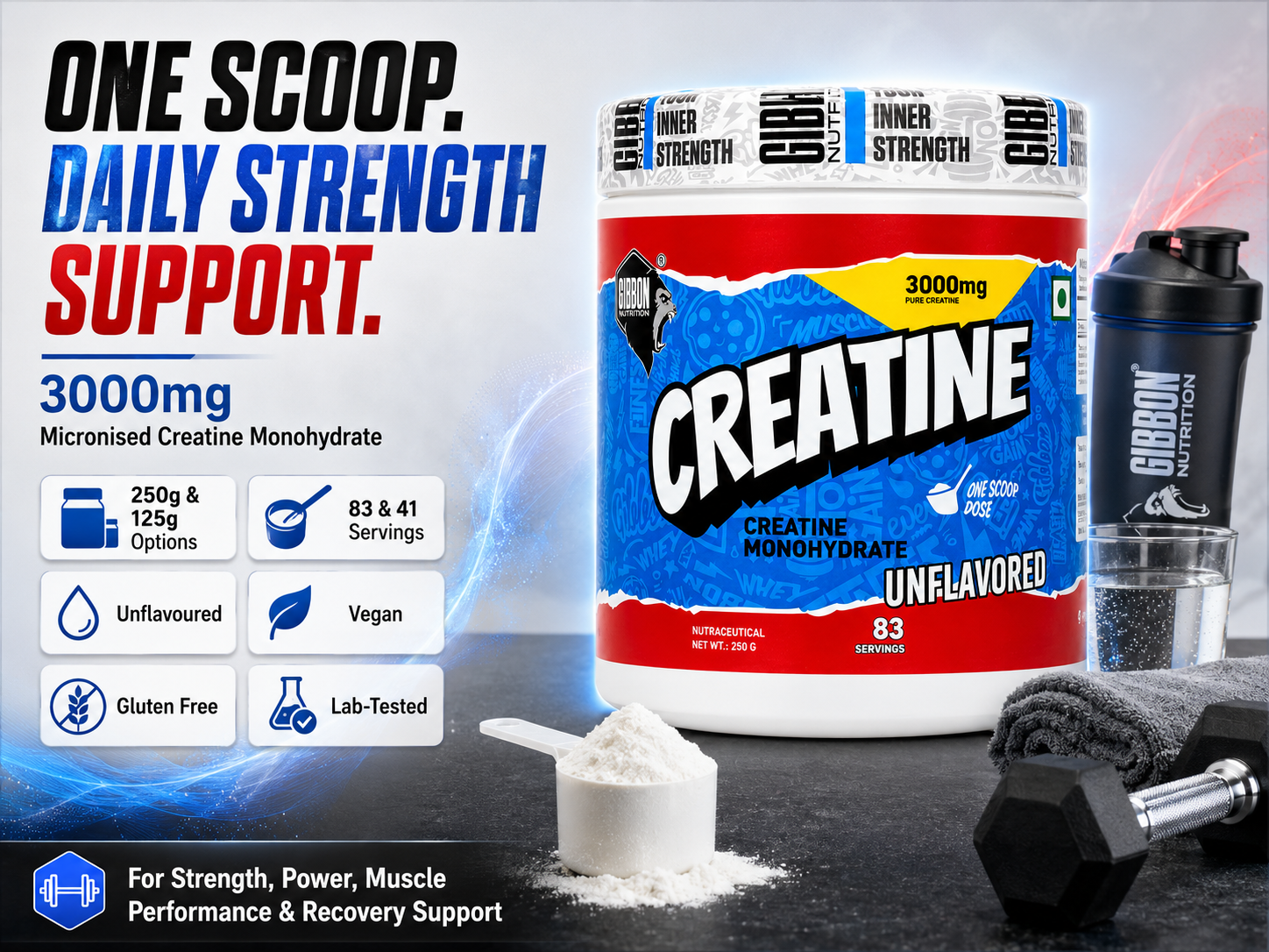 Gibbon Creatine Monohydrate Powder 250g | 3000mg Micronised Pure Creatine per Scoop | 83 Servings | Pre & Post Workout for Strength, Muscle Gain & Recovery | Unflavoured | Vegan, Lab-Tested, FSSAI