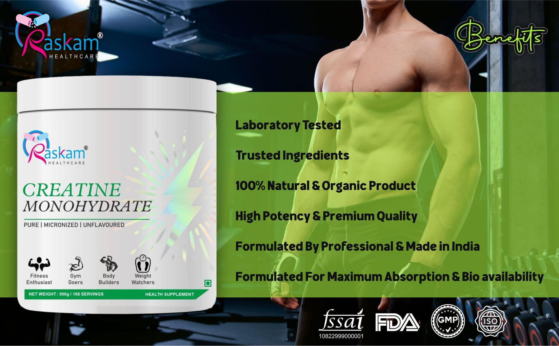 Pure Creatine Monohydrate 100gm, 33 Servings | Rapid Absorption | Enhanced Muscle Strength & Power | Vegan Powder