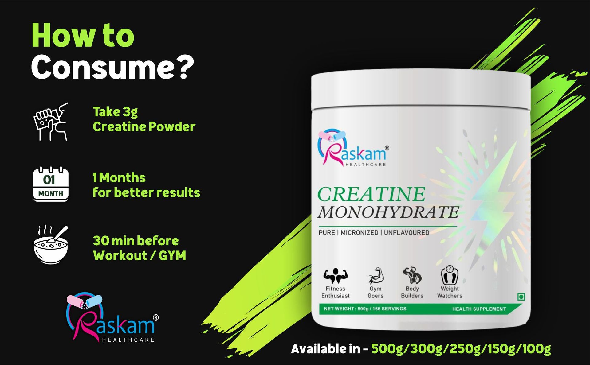 Pure Creatine Monohydrate 100gm, 33 Servings | Rapid Absorption | Enhanced Muscle Strength & Power | Vegan Powder