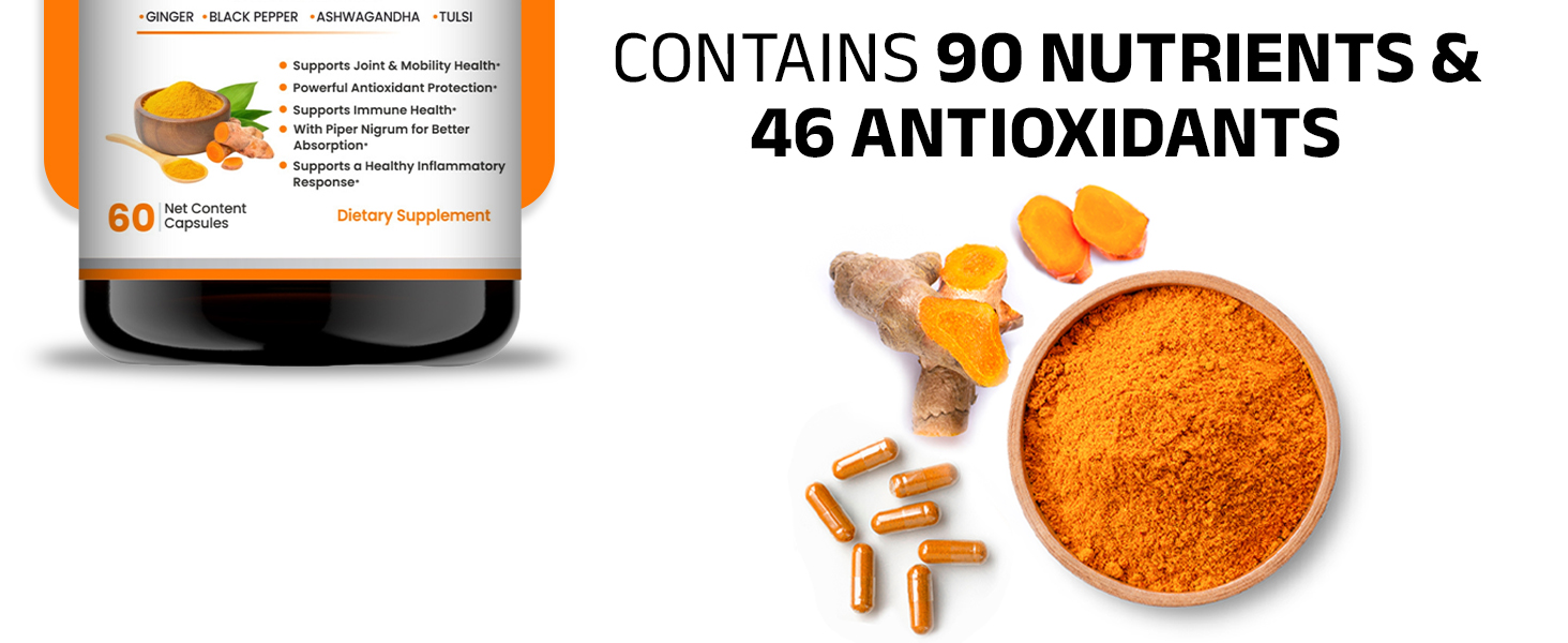 Curcumin 95% Curcuminoids Capsules with Piperine, Turmeric Extract with Ginger, Ashwagandha & Tulsi, Joint & Mobility Support, Antioxidant & Daily Wellness Supplement, Veg Capsules for Men & Women– 60 Count