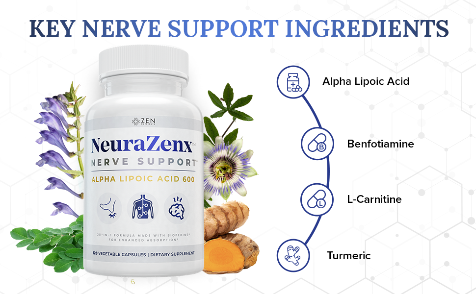 Zen Nutrients NeuraZenX Nerve Support & Peripheral Neuropathy Support Supplement with 1200mg Alpha Lipoic Acid (ALA), Benfotiamine, L-Carnitine, and Turmeric