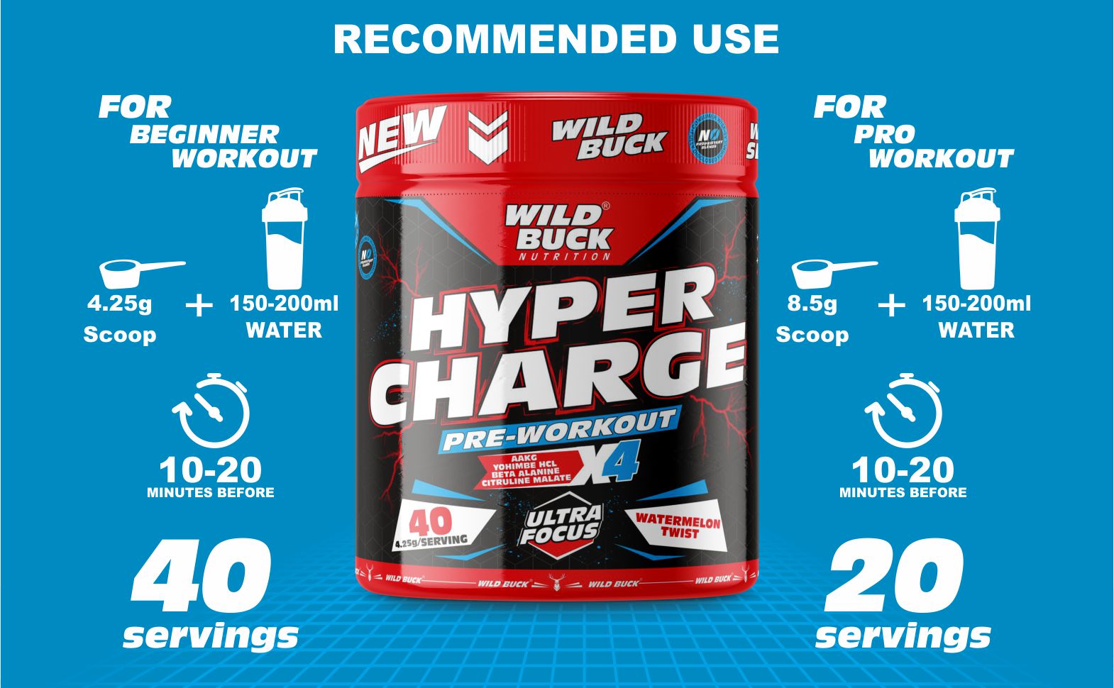 WILD BUCK Wild Pre-X4 Hardcore Pre-Workout Supplement Powder with Creatine Monohydrate,Arginine AAKG,Beta-Alanine,Explosive Muscle Pump,Caffeinated -For Unisex[40 Servings,Watermelon Twist],4.25 grams