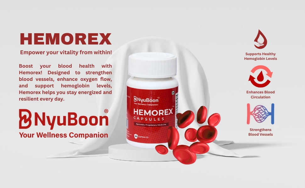 Hemorex Capsules - Ayurvedic Supplement for Blood Circulation, Cardiovascular Health & Energy Boost | Reduces Fatigue | Supports Healthy Oxygen Flow | 60 Capsules