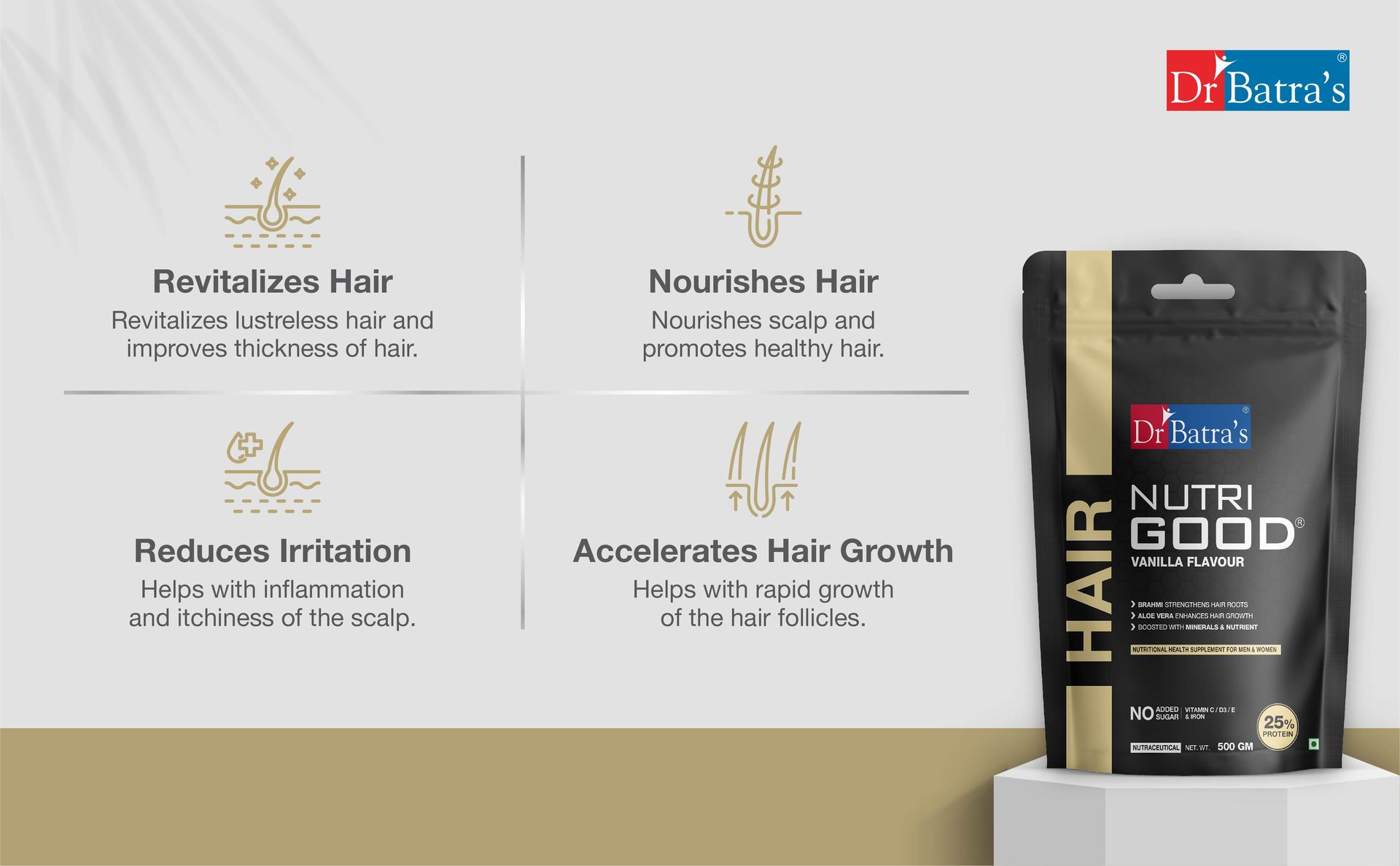 Dr Batra’s Nutrigood Hair Protein Powder 500g Vanilla with Brahmi, Biotin, Collagen & Keratin | Supplement for Hair Fall Control, Hair Growth, Stronger Thicker Hair & Scalp Nourishment | For Men & Women